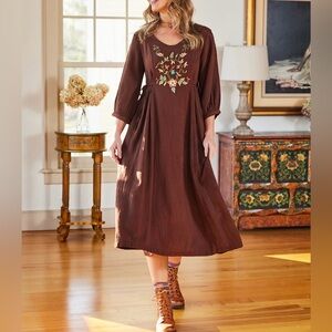 April Cornell Brown Coco Mori Midi Dress Embroidered Florals SZ XXL Boho NWT